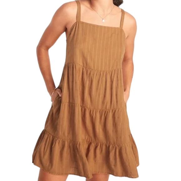 Old Navy Dresses & Skirts - Old Navy Coin Toss Brown Striped Tiered Swing Dress, Petite Size Medium